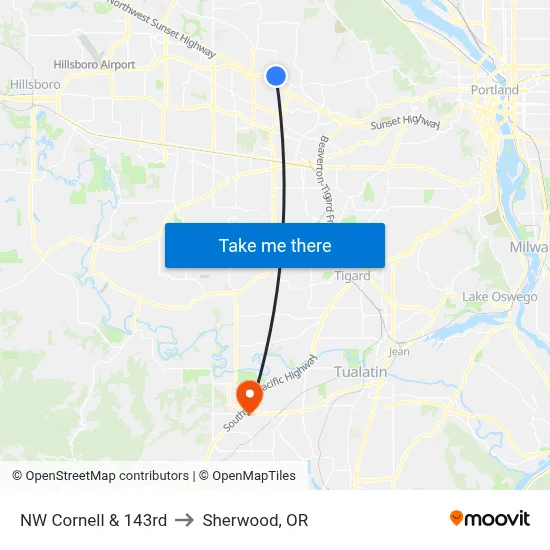 NW Cornell & 143rd to Sherwood, OR map
