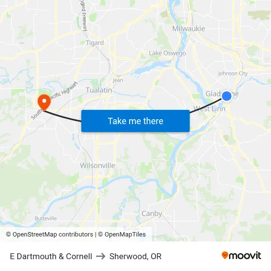 E Dartmouth & Cornell to Sherwood, OR map