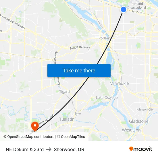 NE Dekum & 33rd to Sherwood, OR map