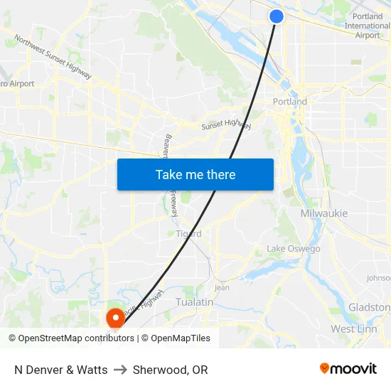 N Denver & Watts to Sherwood, OR map