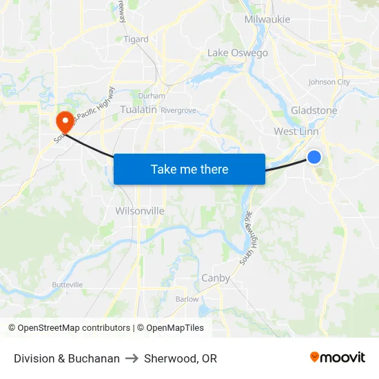Division & Buchanan to Sherwood, OR map