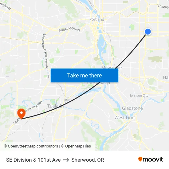 SE Division & 101st Ave to Sherwood, OR map