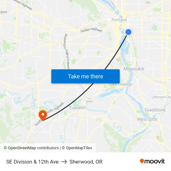 SE Division & 12th Ave to Sherwood, OR map