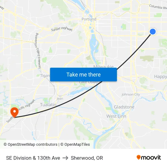 SE Division & 130th Ave to Sherwood, OR map