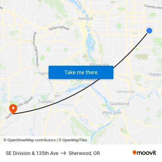 SE Division & 135th Ave to Sherwood, OR map