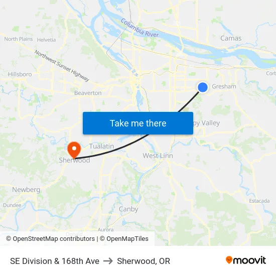 SE Division & 168th Ave to Sherwood, OR map