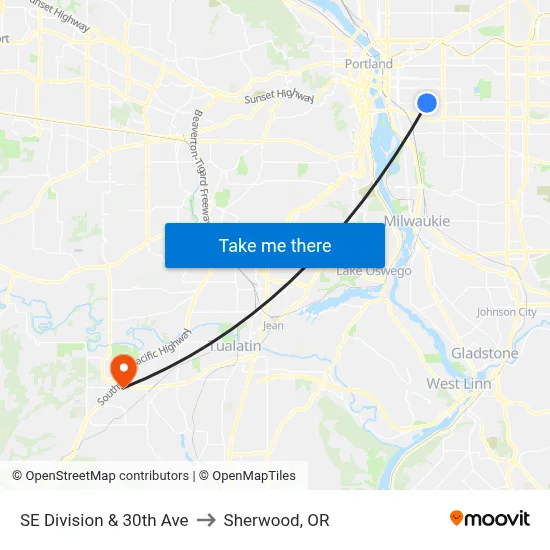 SE Division & 30th Ave to Sherwood, OR map