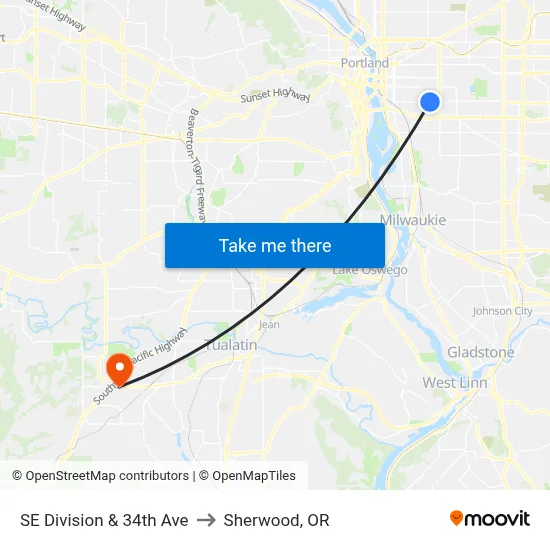 SE Division & 34th Ave to Sherwood, OR map