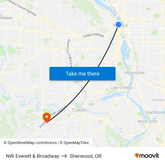 NW Everett & Broadway to Sherwood, OR map