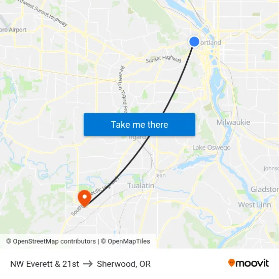 NW Everett & 21st to Sherwood, OR map