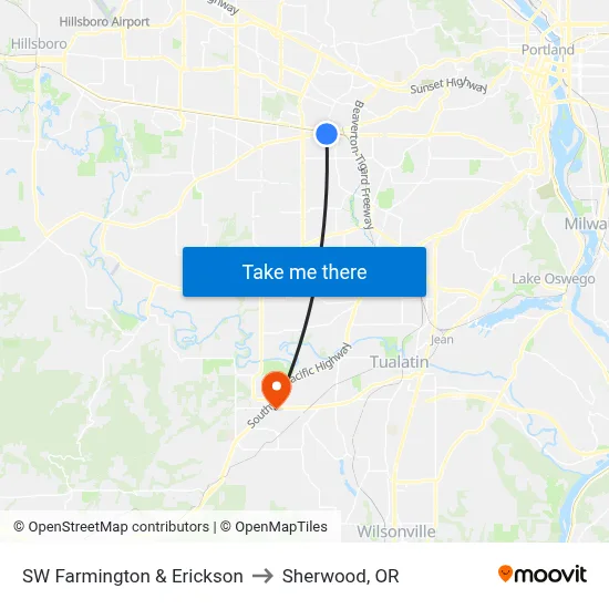 SW Farmington & Erickson to Sherwood, OR map