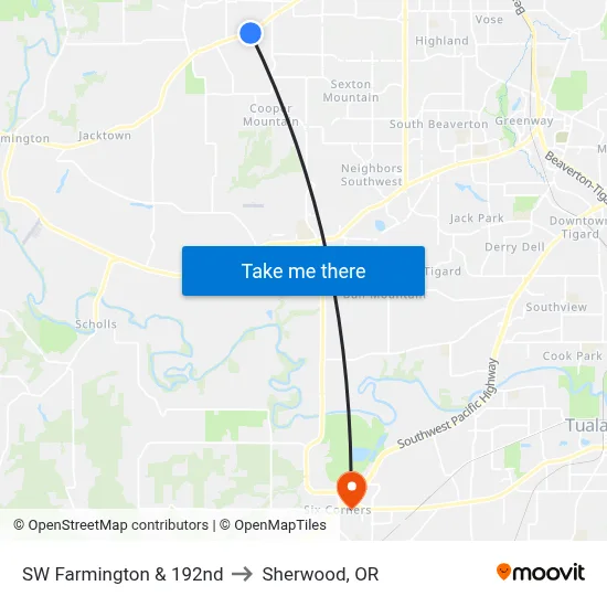 SW Farmington & 192nd to Sherwood, OR map