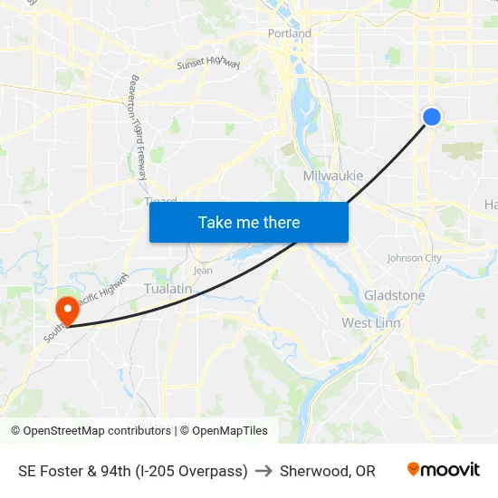 SE Foster & 94th (I-205 Overpass) to Sherwood, OR map