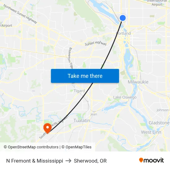 N Fremont & Mississippi to Sherwood, OR map