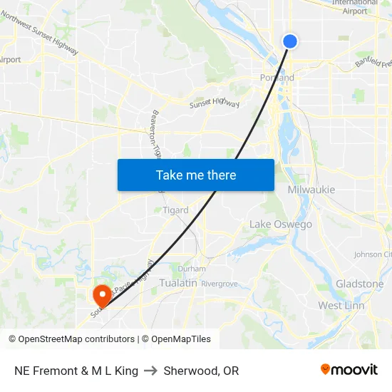 NE Fremont & M L King to Sherwood, OR map