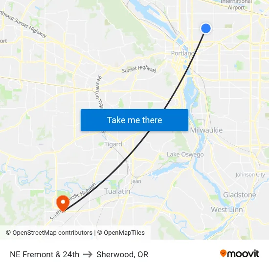 NE Fremont & 24th to Sherwood, OR map