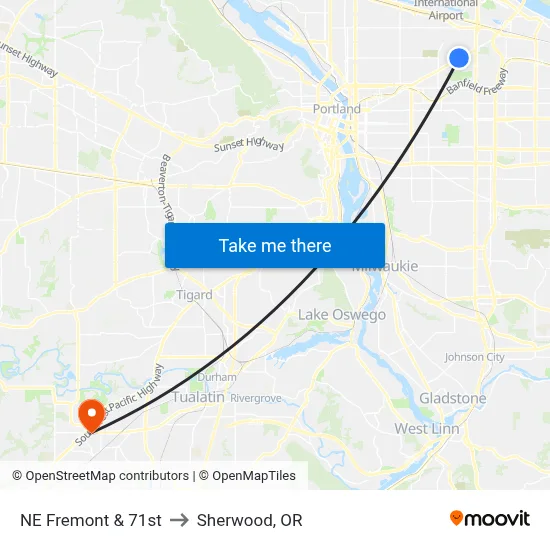 NE Fremont & 71st to Sherwood, OR map