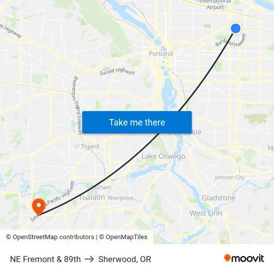 NE Fremont & 89th to Sherwood, OR map