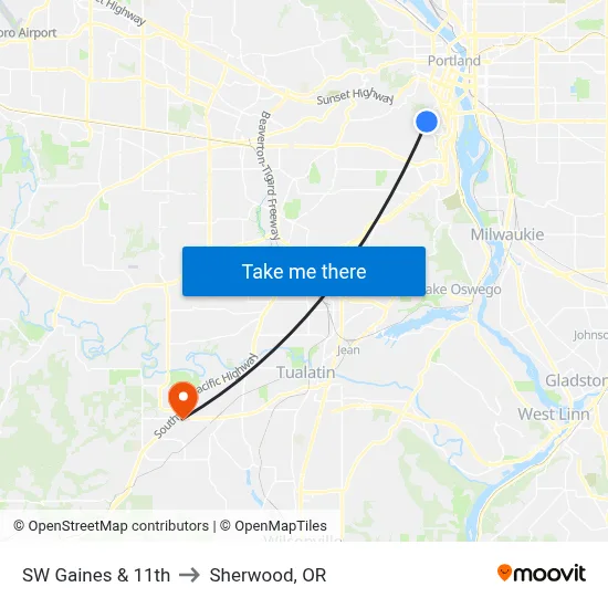SW Gaines & 11th to Sherwood, OR map