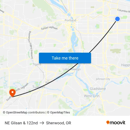 NE Glisan & 122nd to Sherwood, OR map