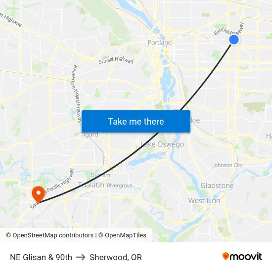 NE Glisan & 90th to Sherwood, OR map