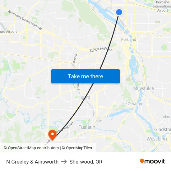N Greeley & Ainsworth to Sherwood, OR map