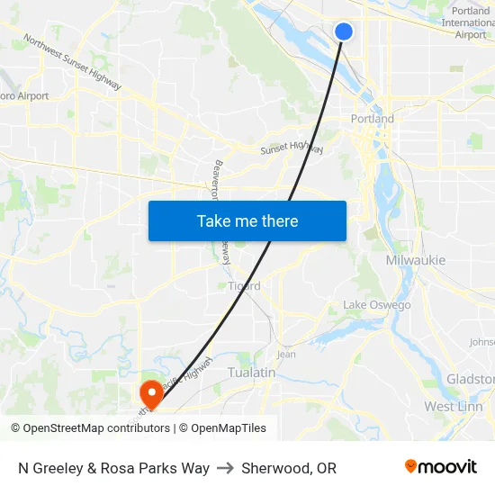 N Greeley & Rosa Parks Way to Sherwood, OR map