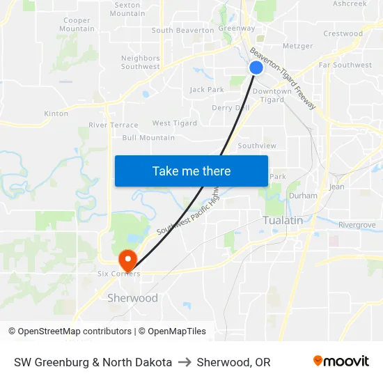 SW Greenburg & North Dakota to Sherwood, OR map