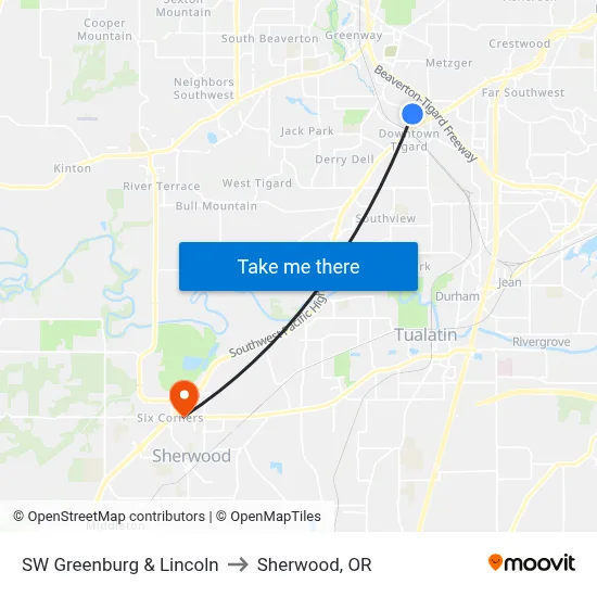SW Greenburg & Lincoln to Sherwood, OR map