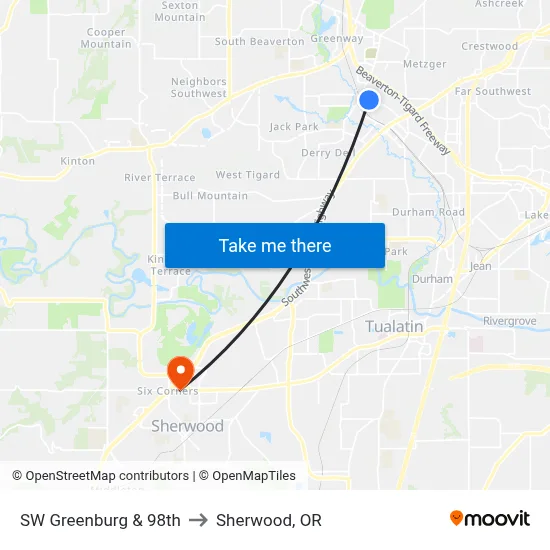 SW Greenburg & 98th to Sherwood, OR map