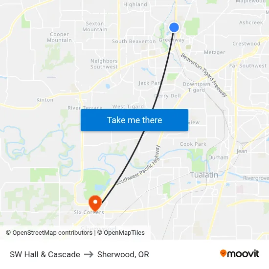 SW Hall & Cascade to Sherwood, OR map
