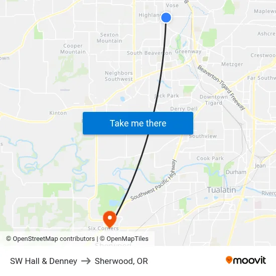 SW Hall & Denney to Sherwood, OR map