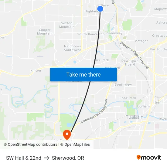SW Hall & 22nd to Sherwood, OR map