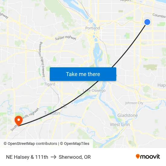 NE Halsey & 111th to Sherwood, OR map