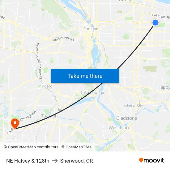 NE Halsey & 128th to Sherwood, OR map