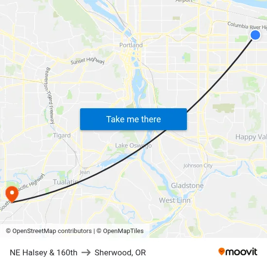 NE Halsey & 160th to Sherwood, OR map