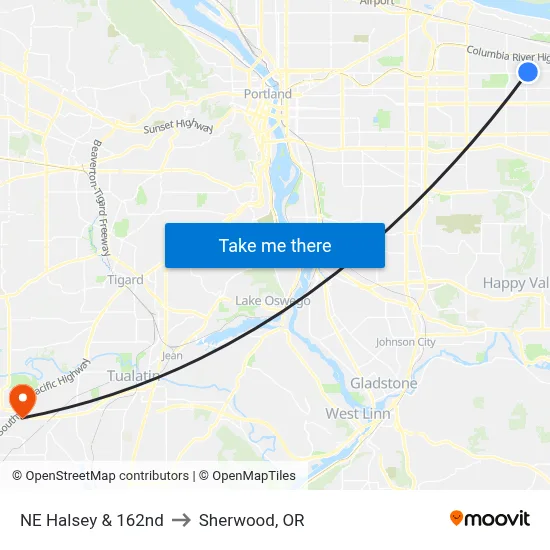 NE Halsey & 162nd to Sherwood, OR map