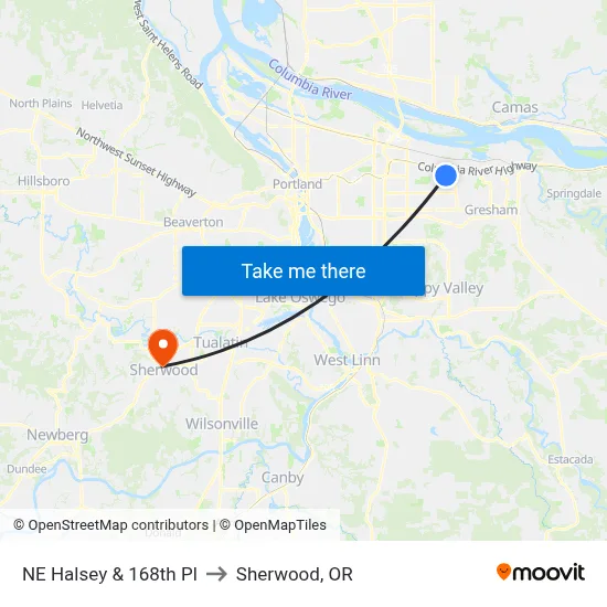 NE Halsey & 168th Pl to Sherwood, OR map