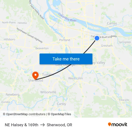 NE Halsey & 169th to Sherwood, OR map