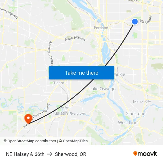 NE Halsey & 66th to Sherwood, OR map