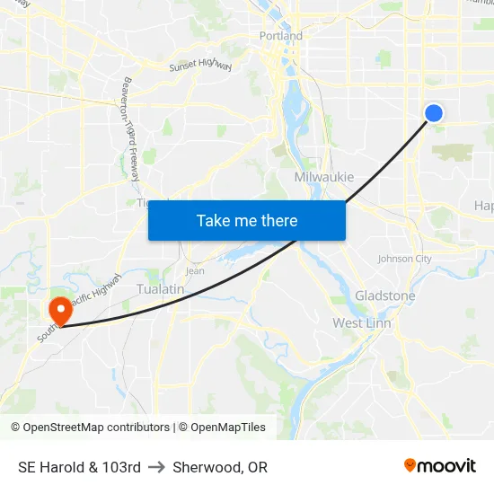 SE Harold & 103rd to Sherwood, OR map