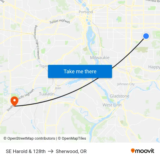 SE Harold & 128th to Sherwood, OR map
