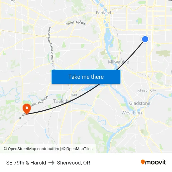 SE 79th & Harold to Sherwood, OR map