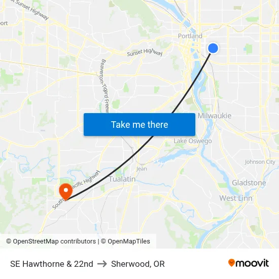 SE Hawthorne & 22nd to Sherwood, OR map