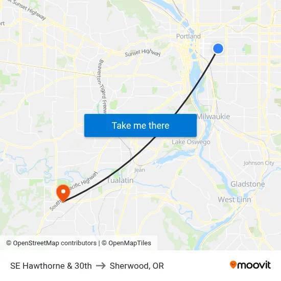 SE Hawthorne & 30th to Sherwood, OR map