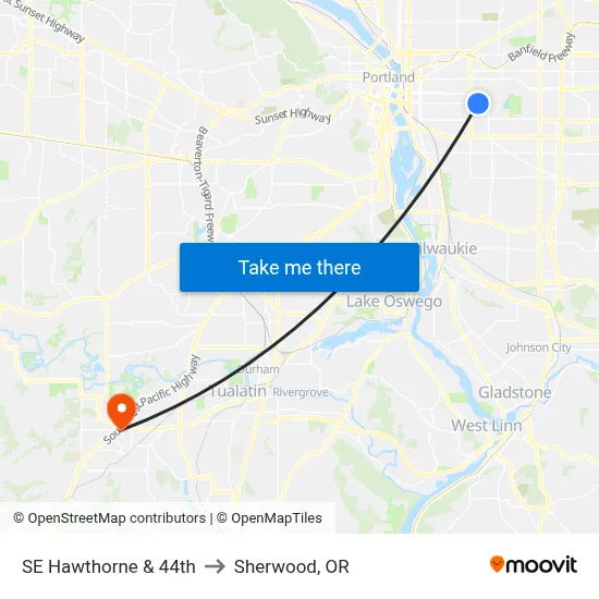 SE Hawthorne & 44th to Sherwood, OR map