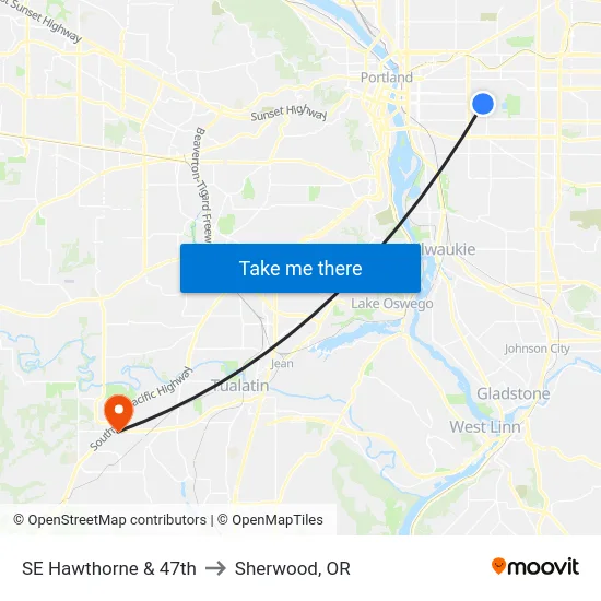 SE Hawthorne & 47th to Sherwood, OR map