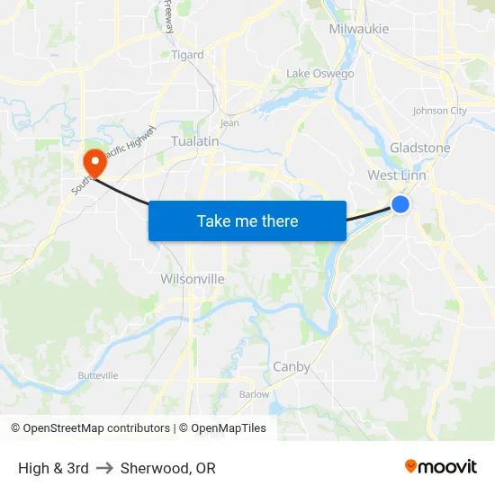 High & 3rd to Sherwood, OR map