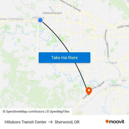 Hillsboro Transit Center to Sherwood, OR map