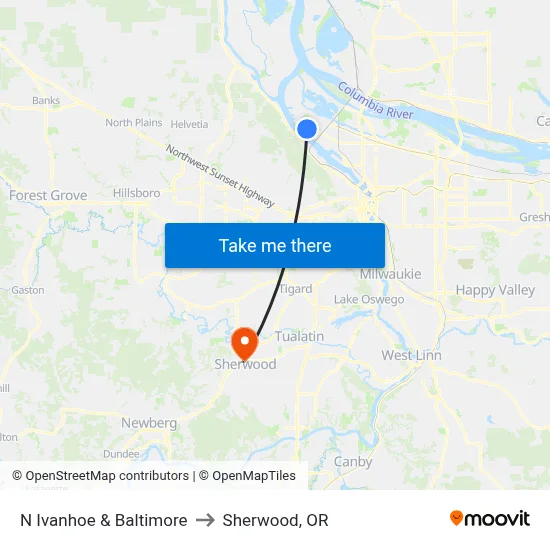 N Ivanhoe & Baltimore to Sherwood, OR map